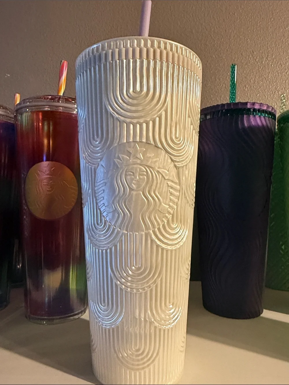 Starbucks Cream Textured Siren Tumbler with Pink Straw